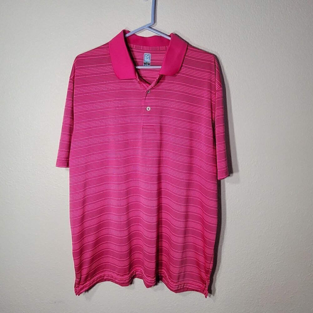 PGA Tour Mens XXL Pink Striped Short Sleeve Polo Shirt 100% Polyester